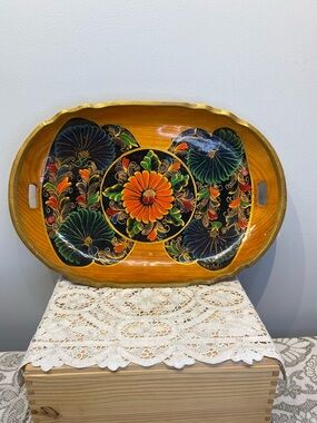 Mexican Batea Wood Tray Platter Tole Folk Art Hand Painted